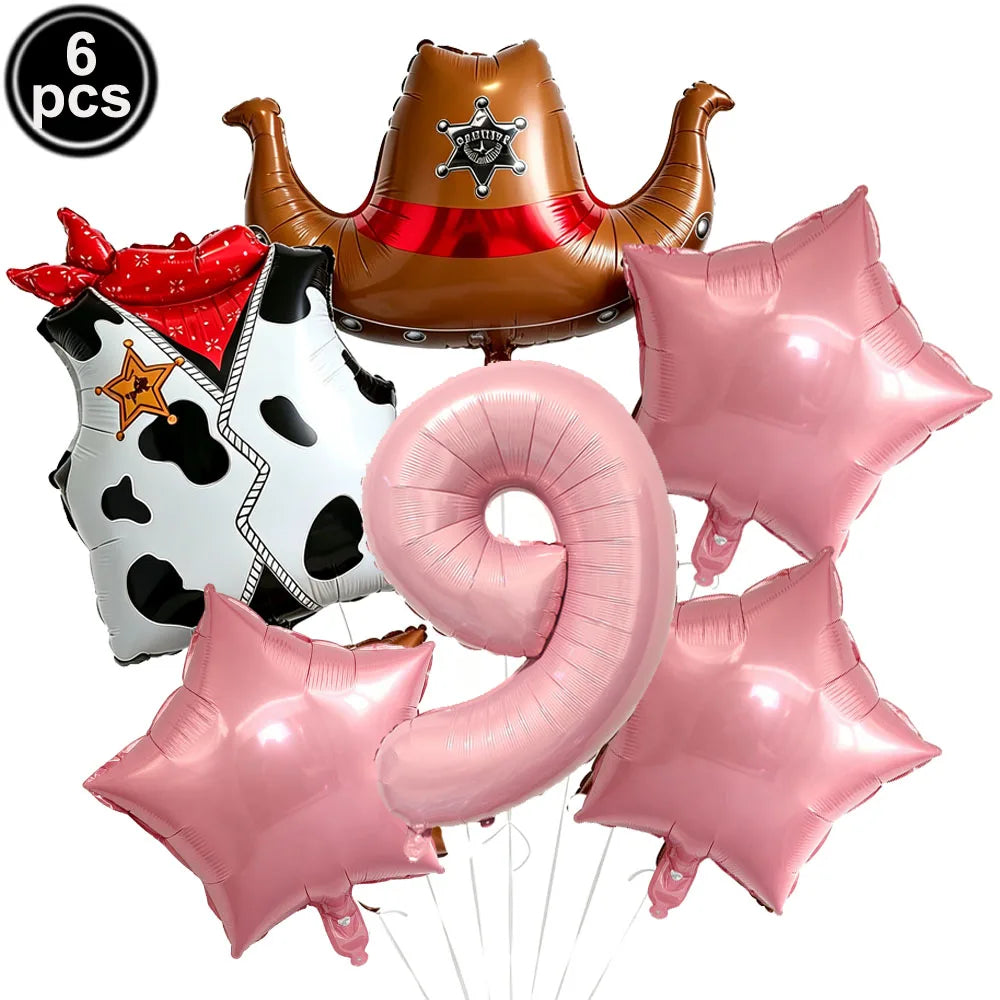Western Cowboy Foil Balloon Set – 6pc Birthday Party Decor Party Foil Balloons Babs Red As pictures show