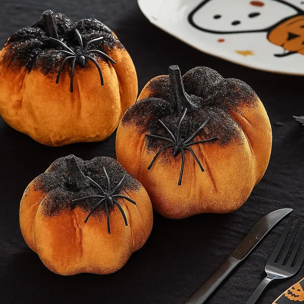 Flannel Halloween Pumpkin Ornament with Spider – Table Decor Halloween Ornament Babs