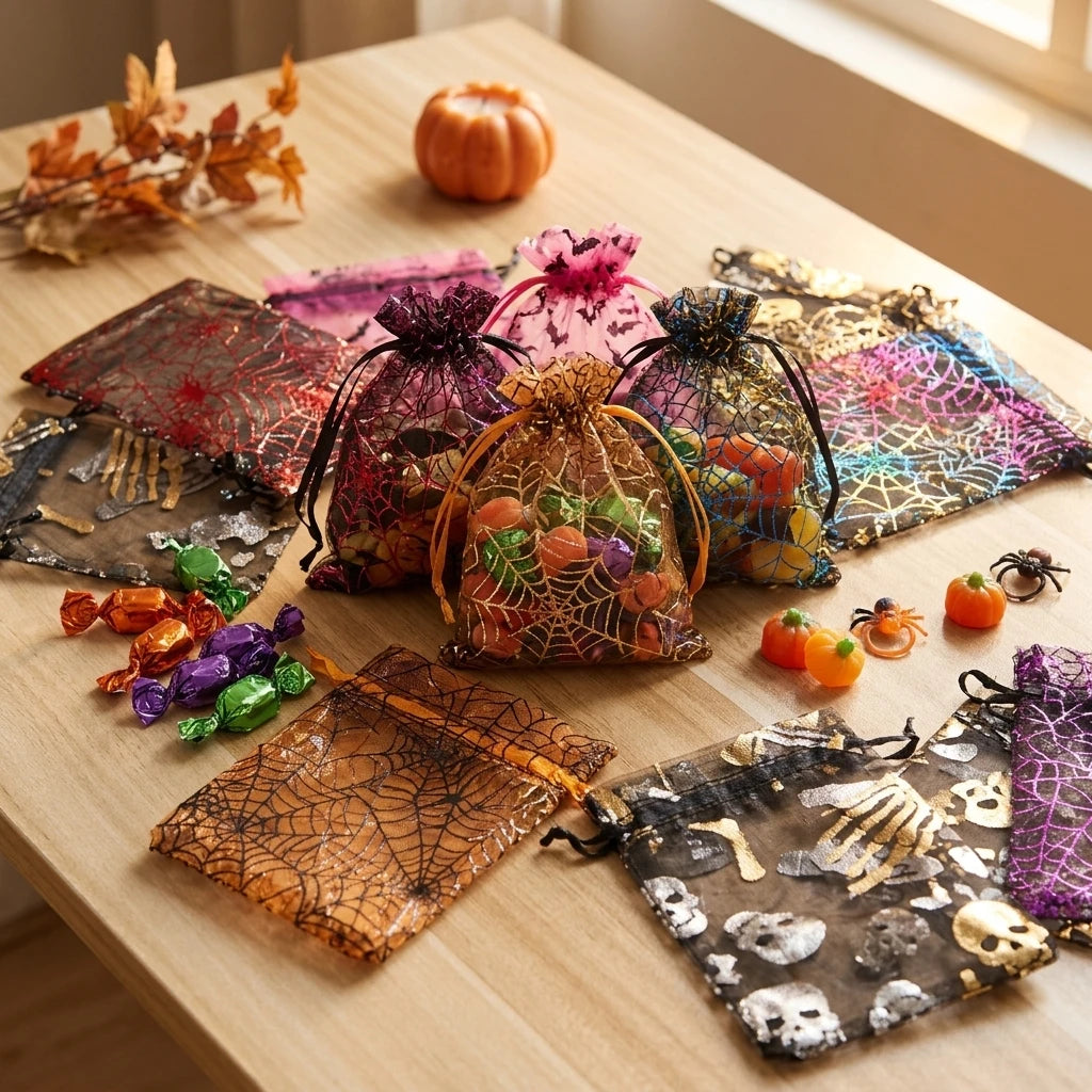 50PCS Halloween Drawstring Candy Bags – Foil Ghost Bat Print Halloween Gift Bags Babs