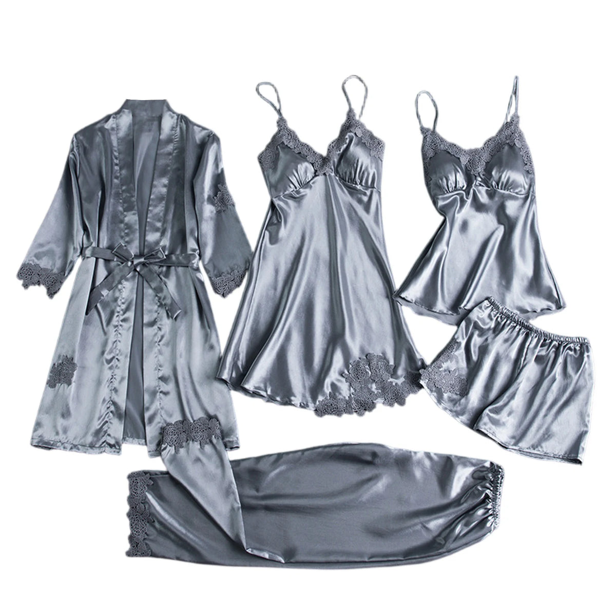 Ice Silk Women's 5-Piece Sleepwear Robe & Nightgown Set Sleepwear Robe Set Babs Gray L