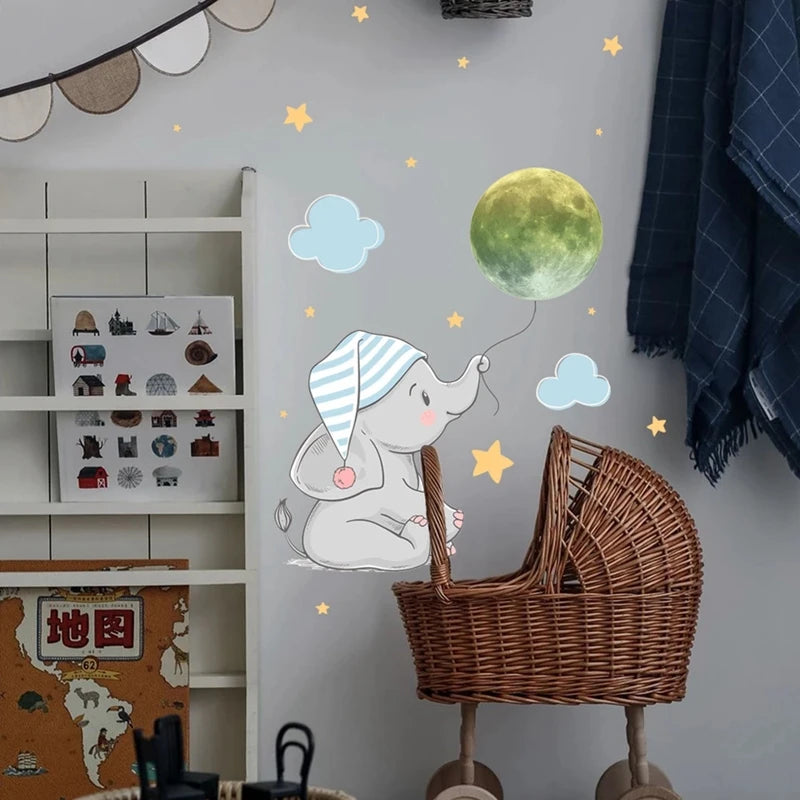 Baby Elephant Moon Glow in the Dark Wall Stickers for Kids Room Glow Wall Stickers Babs