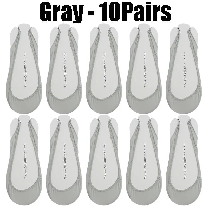 Women's Invisible No-Show Socks – Ice Silk Silicone Non-Slip No-Show Boat Socks Babs Gray- 10PairS 1XL