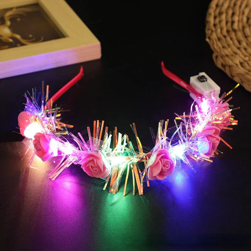 10pcs Light-Up Flower Crown Headbands – Glowing Party Wreath LED Party Headband Babs