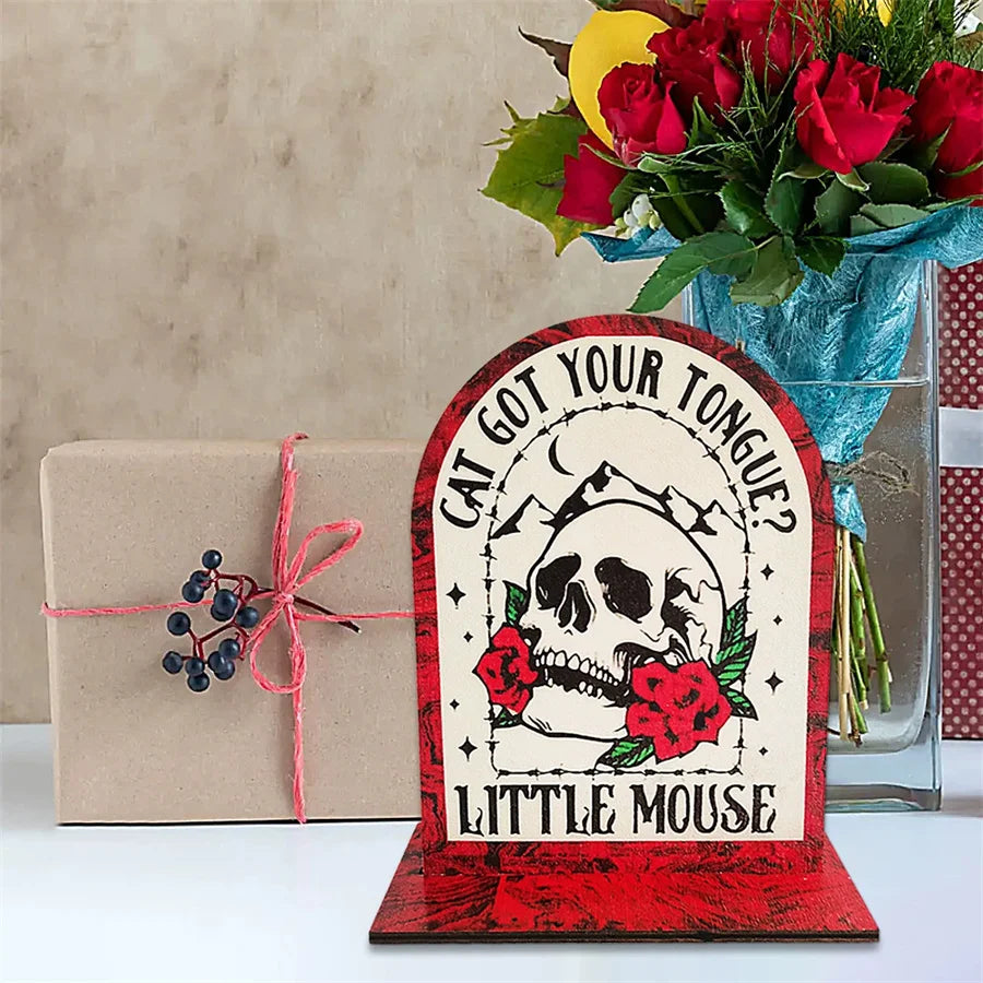 Retro Wooden Skull & Rose Desktop Ornament | Party Decor Gift Decorative Figurine Babs