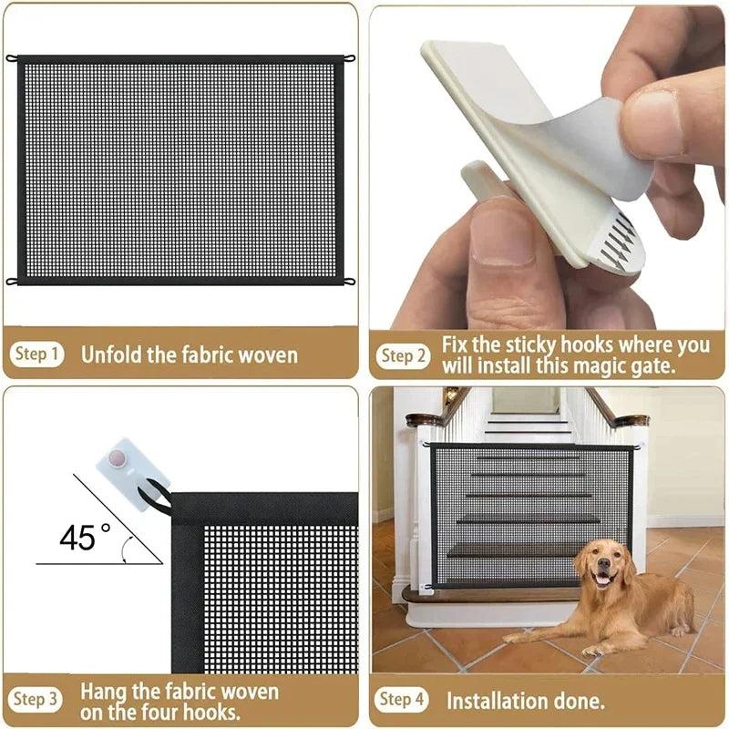 Folding Dog Safety Barrier Fence & Mesh Playpen Gate with 4 Hooks Dog Safety Gate Babs