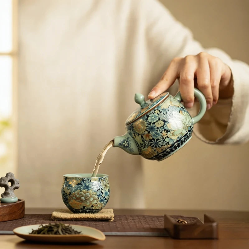 Gilding Peony Ru Ware Kung Fu Tea Set – Porcelain Teapot Kung Fu Tea Set Babs
