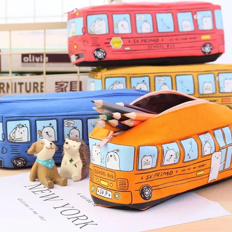 Cartoon Bus Canvas Pencil Case – Large Capacity, 3 Colors Pencil Case Babs