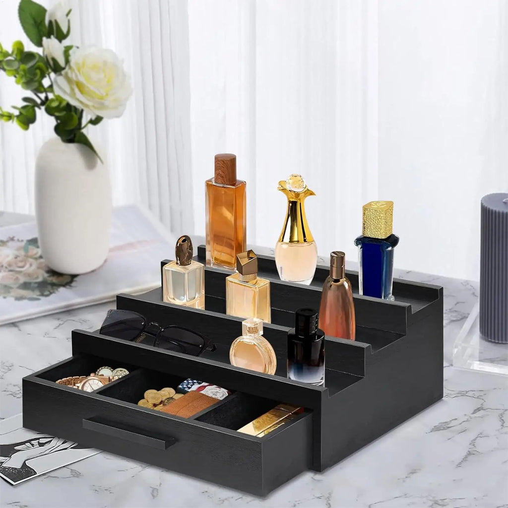 3-Tier Wood Perfume Organizer Rack with Drawers – Black Perfume Organizer Rack Babs