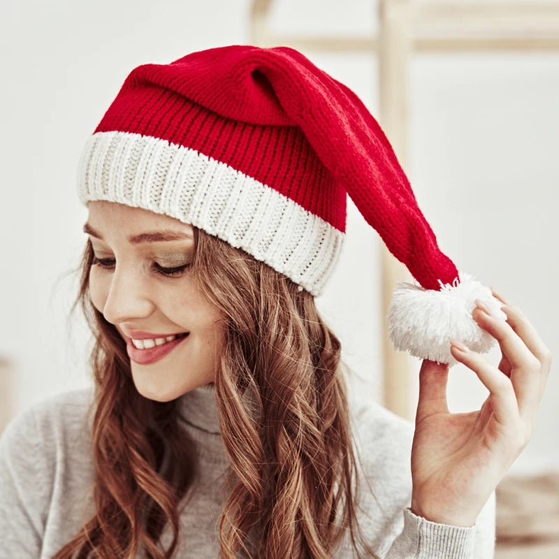 Knitted Christmas Pompom Beanie Hat – Soft Adult Santa Cap Christmas Beanie Hat Babs
