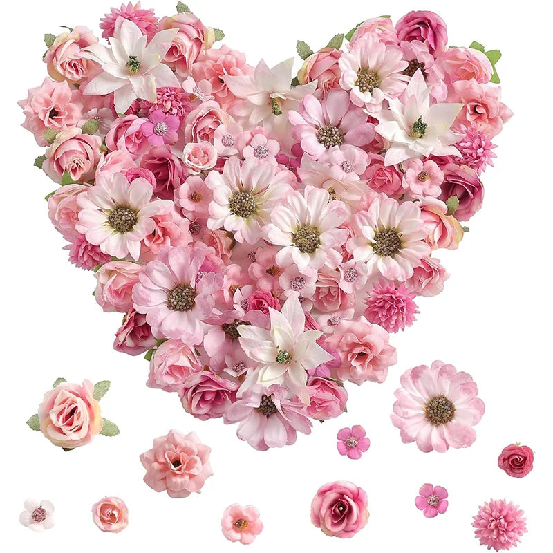 50Pcs Mini Silk Artificial Daisy & Peony Flower Heads for Decor Artificial Silk Flowers Babs Pink