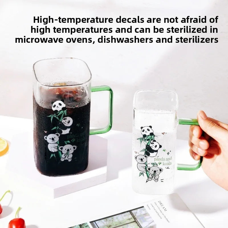 Square Glass Water Cup Cartoon Panda Straw Lid Large Capacity Glass Drinkware Cup Babs