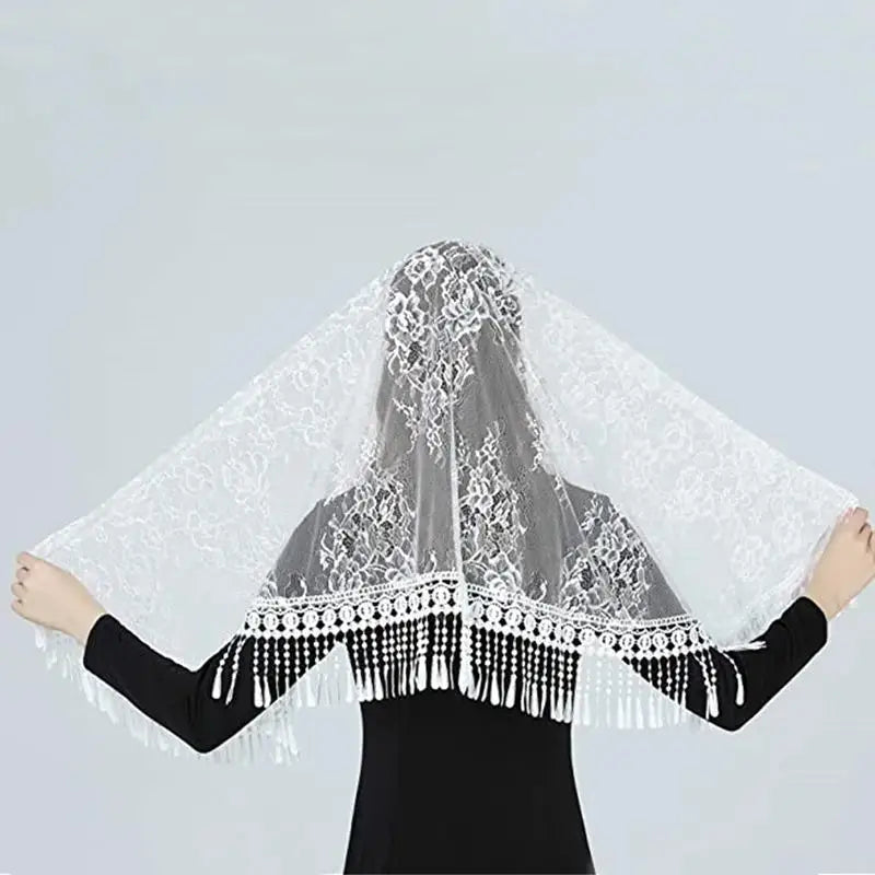 Lace Mantilla Veil for Church – Ivory & Black D-Shape Head Cover Lace Mantilla Veil Babs