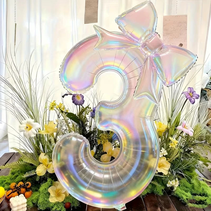 40" Iridescent Number Balloon & Bowknot Kit – Birthday Party Party Balloon Kit Babs 3 40Inch