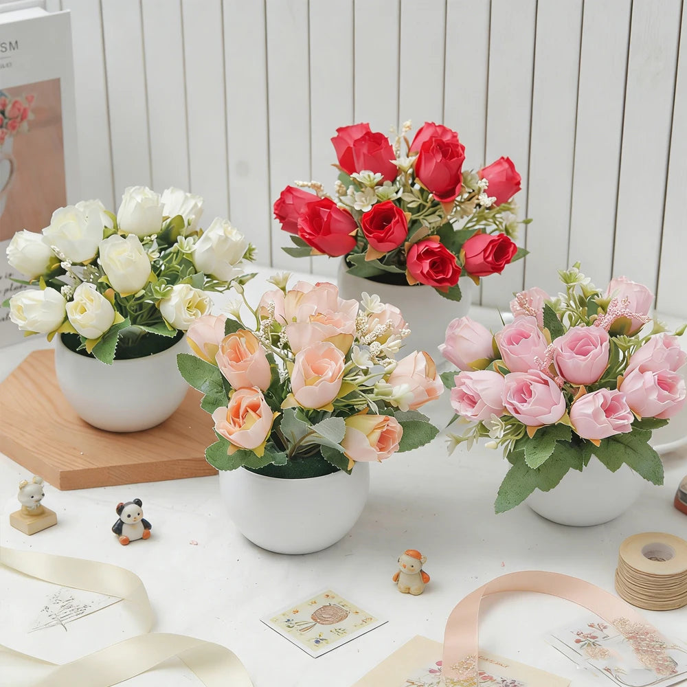 Rose Bonsai Artificial Silk Flowers Potted Plant – Home & Wedding Decor Artificial Flower Decor Babs