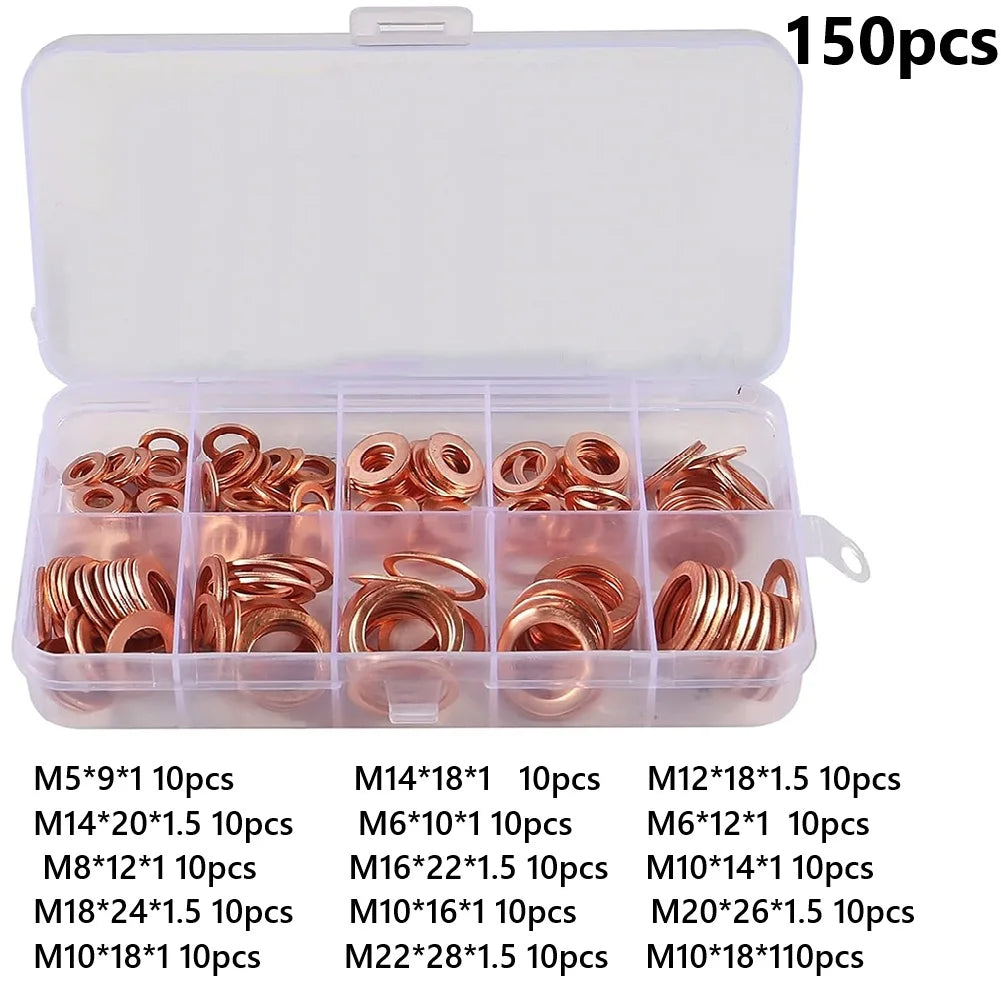 Copper Washer Gasket Set 50/100/120 Pcs Flat Ring Seal Kit Copper Washer Kit Babs 150pcs