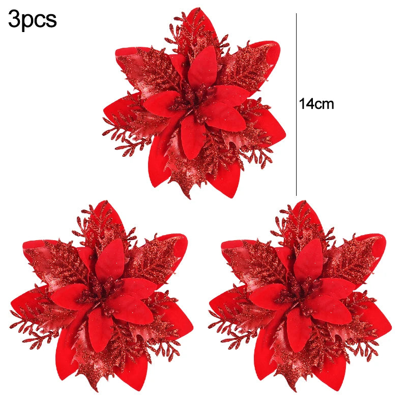 3pcs Glitter Artificial Christmas Flowers Berry Xmas Tree Decor Christmas Tree Ornament Babs