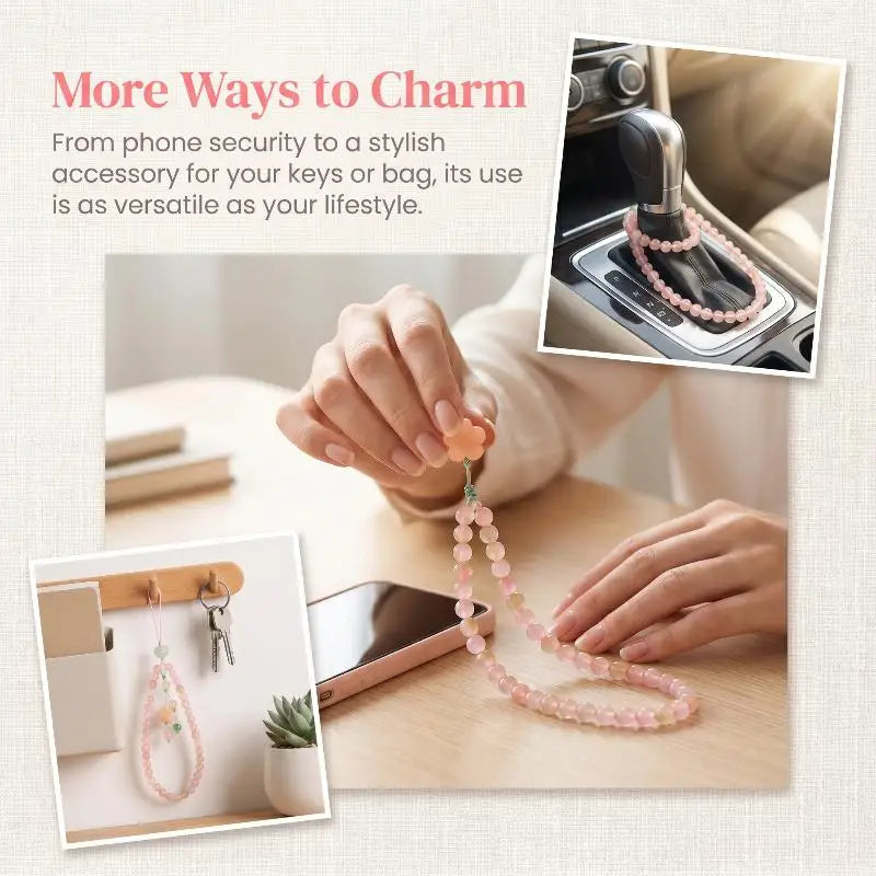 Pink Beaded Phone Wrist Strap – Flower Pendant | Anti-Drop Phone Wrist Strap Babs