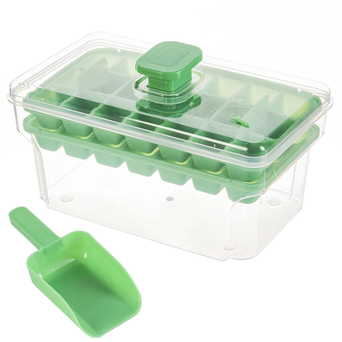 Ice Cube Tray with Lid & Bin – 68 Cubes, Easy Press Release Ice Cube Tray Babs Green