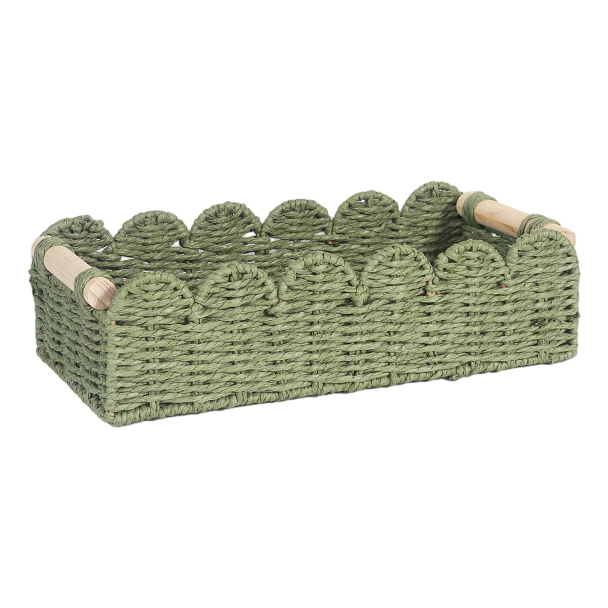 Scalloped Paper Rope Storage Basket with Wooden Handles Woven Storage Basket Babs Green One Size