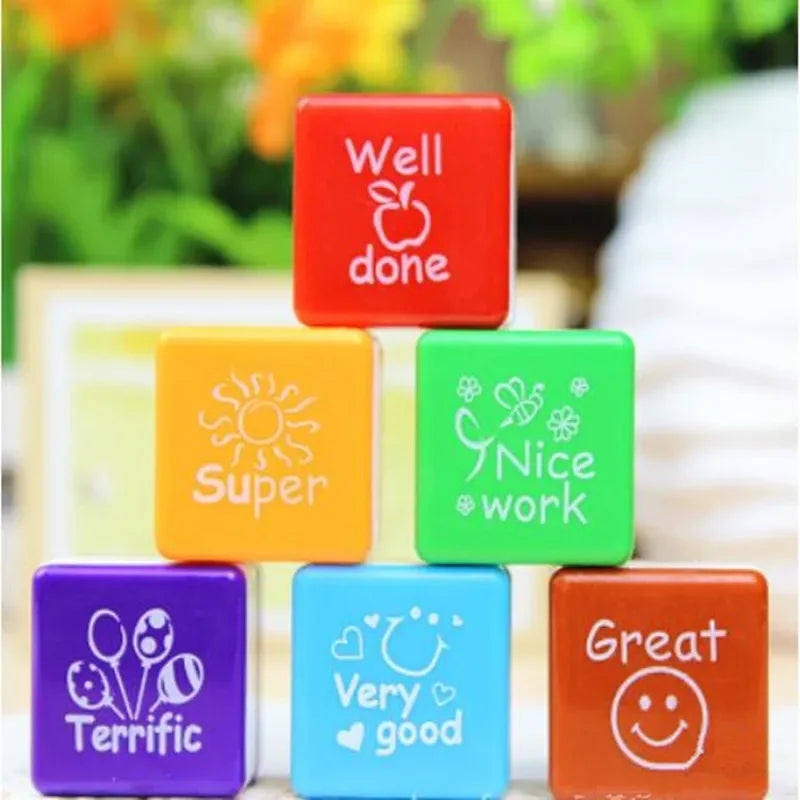 6-Piece Self-Inking Praise Reward Stamps for Teachers & Kids Self-Inking Stamp Set Babs WHITE