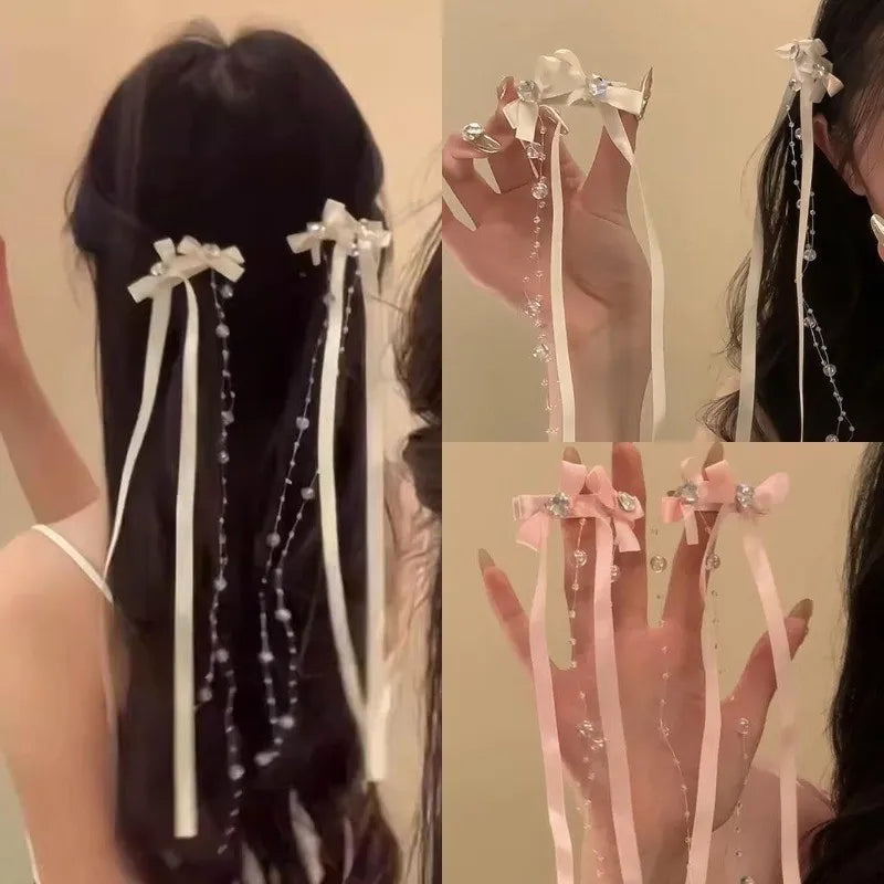Korean Ribbon Bow Tassel Hair Clip – Beaded Glass Hairpin Bow Hair Clip Babs