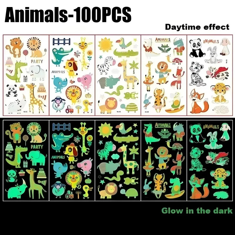 Glow in the Dark Temporary Tattoos – Kids Animal Party Stickers Temporary Tattoo Stickers Babs Animals-100PCS 12x7cm