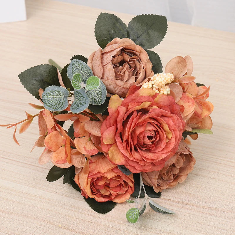 Silk Rose Bridal Bouquet – Artificial Hydrangea & Peony Flowers Artificial Flower Bouquet Babs Orange 1PC