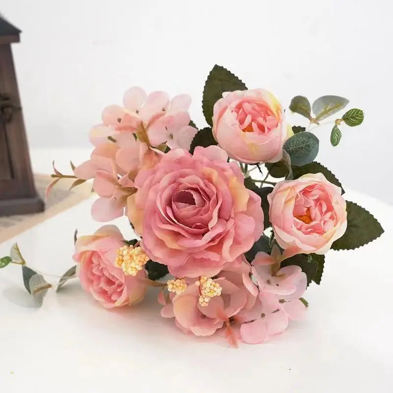 Silk Rose Peony Hydrangea Bouquet – Wedding & Home Decor Artificial Flower Bouquet Babs Pink 1pc