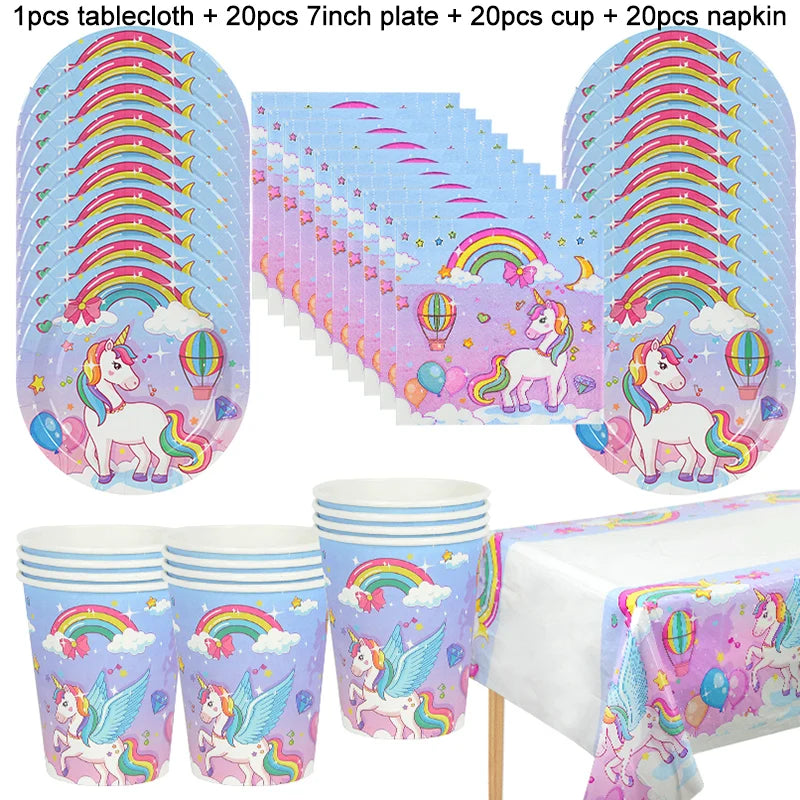 61-Piece Rainbow Unicorn Party Tableware Set – Plates & Cups Disposable Party Tableware Babs 61pcs set