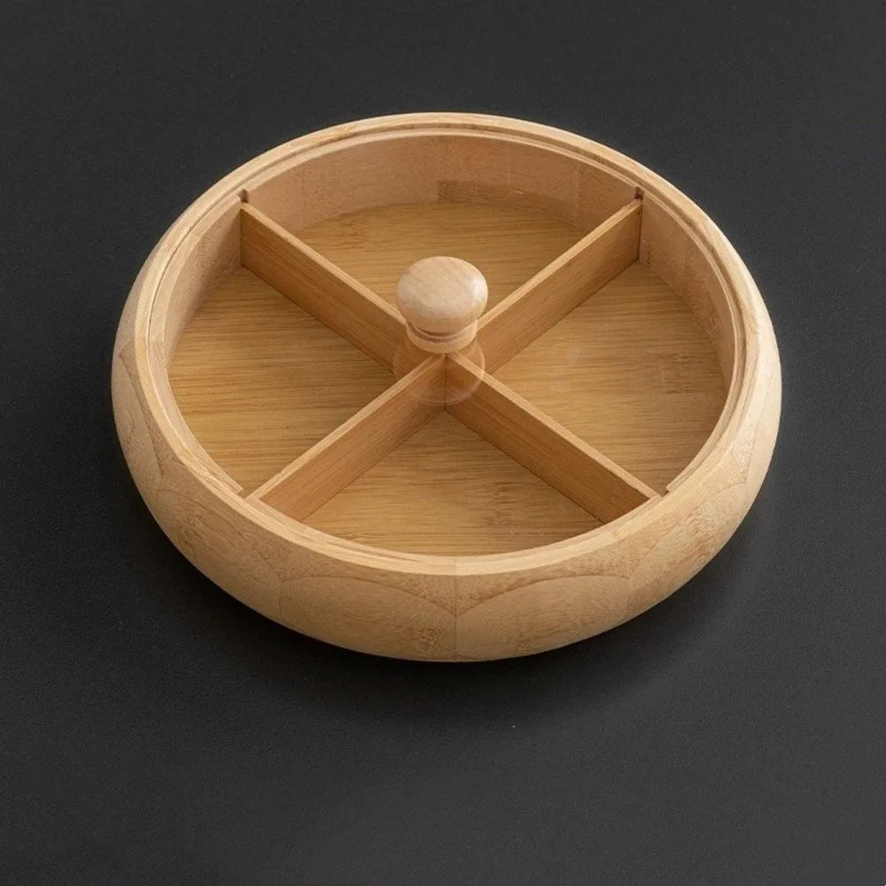 Round Wooden 4-Compartment Snack Serving Tray – Retro Nut Platter Snack Serving Tray Babs Brown