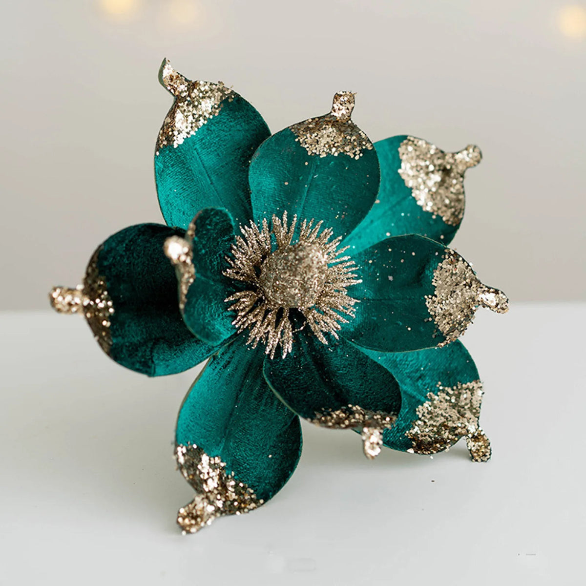 20cm Pink Glitter Magnolia Christmas Flower Pick | Xmas Tree Decor Christmas Flower Pick Babs Dark Green One Size