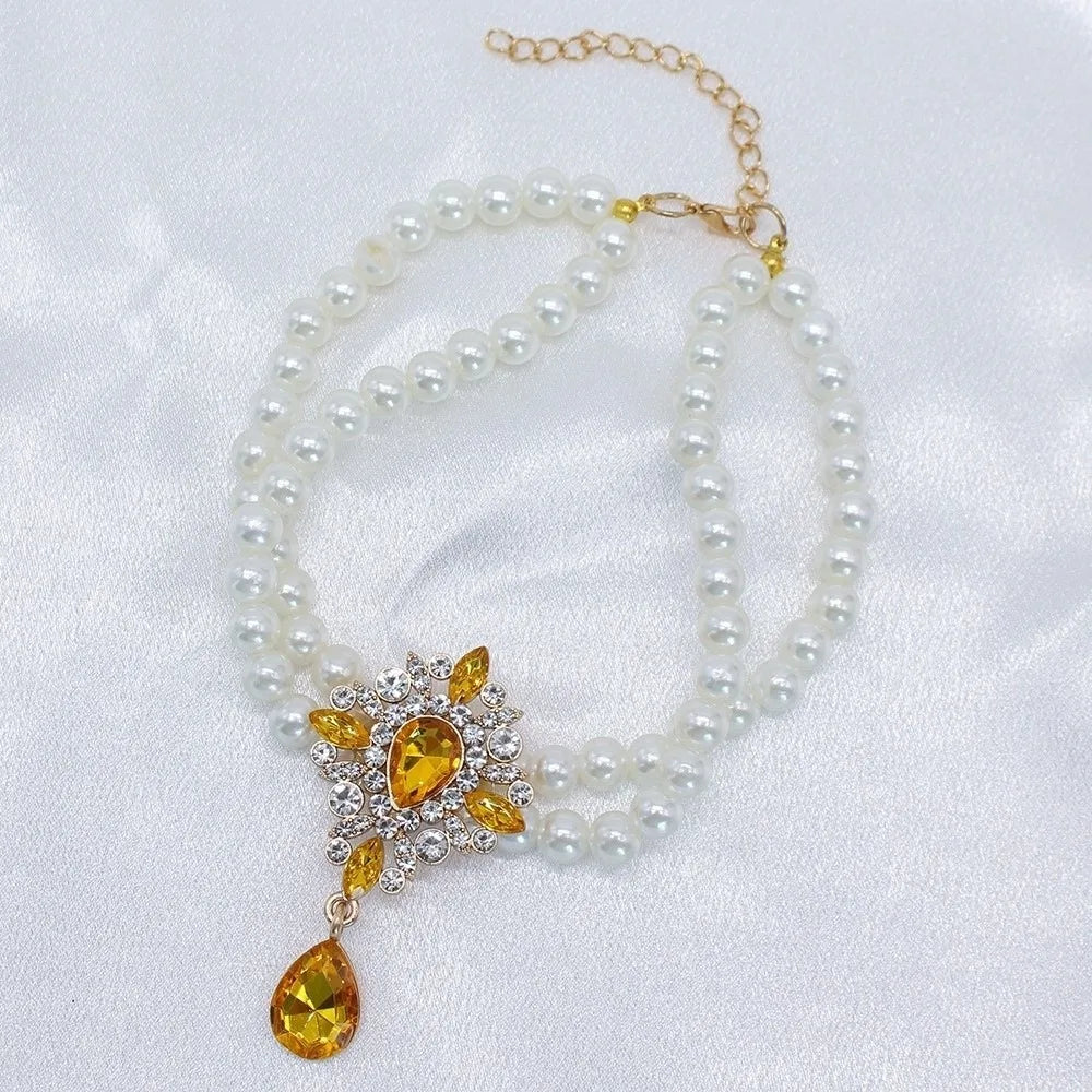 Double Layer Pearl Crystal Cat Necklace – Adjustable Collar Pet Collar Necklace Babs Yellow L