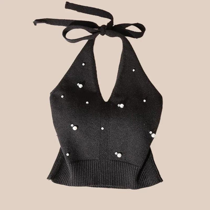 Pearl Beaded Halter Crop Top | Spaghetti Strap Cami Halter Crop Top Babs