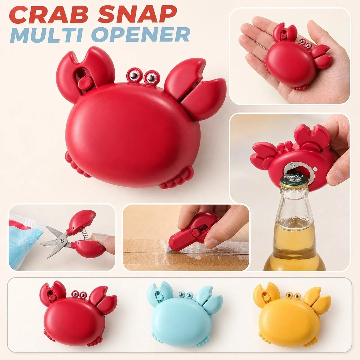 Crab 4-in-1 Multi-Tool Bottle Opener & Magnetic Fridge Magnet Kitchen Multi-Tool Babs