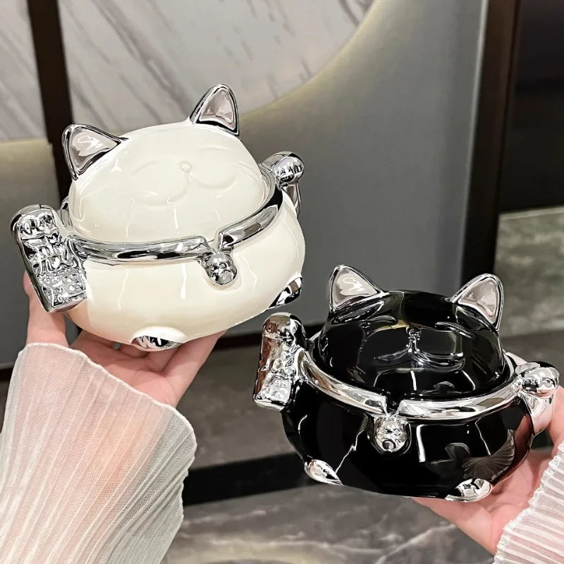 Lucky Cat Ceramic Ashtray with Lid – Modern Home Décor Decorative Ashtray Babs
