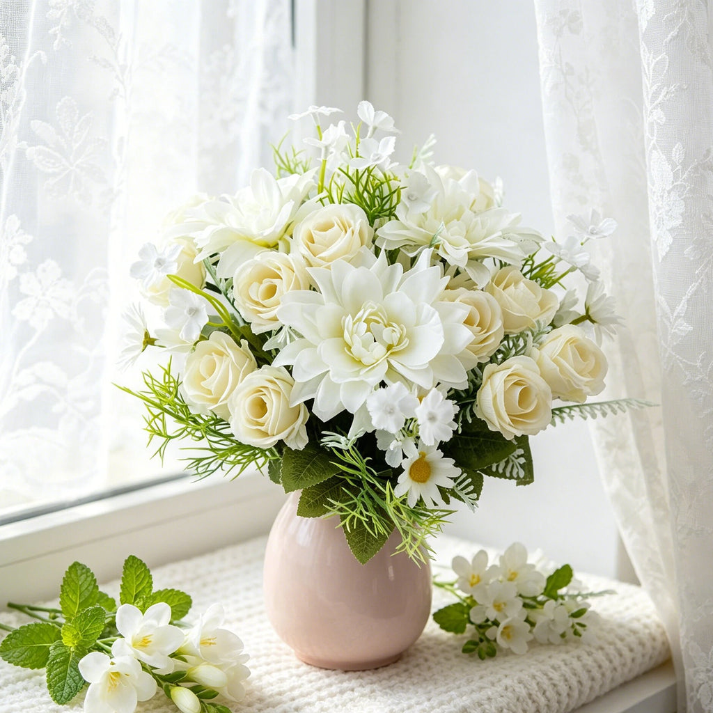 Silk Dahlia Rose Artificial Flower Bouquet – Wedding & Home Artificial Flower Bouquet Babs