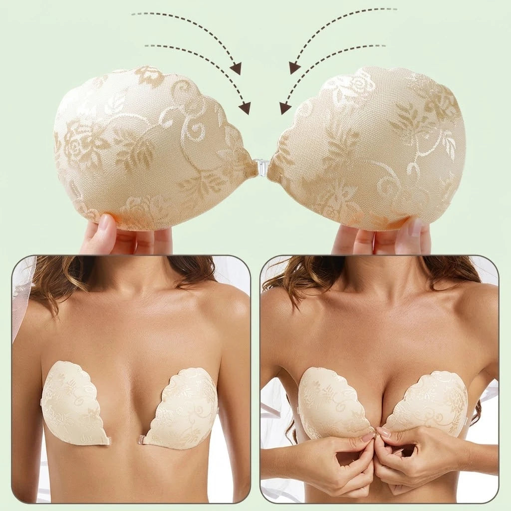 Scalloped Lace Adhesive Bra – Front Buckle Push Up Sticky Bra Adhesive Push-Up Bra Babs