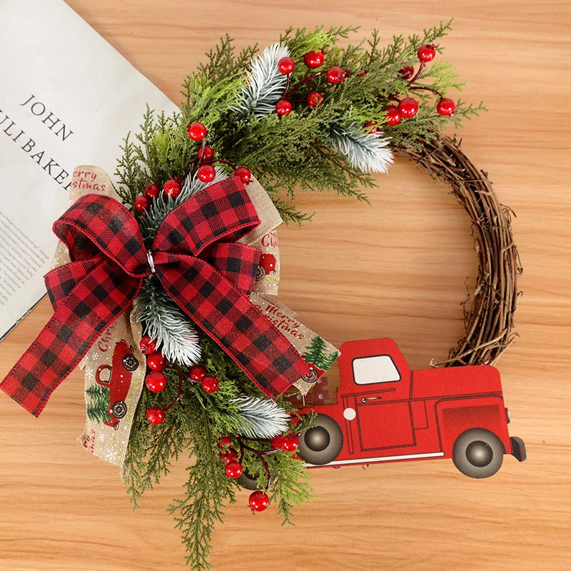 38CM Christmas Door Wreath – Red Berry & Wooden Car Ornament Christmas Door Wreath Babs