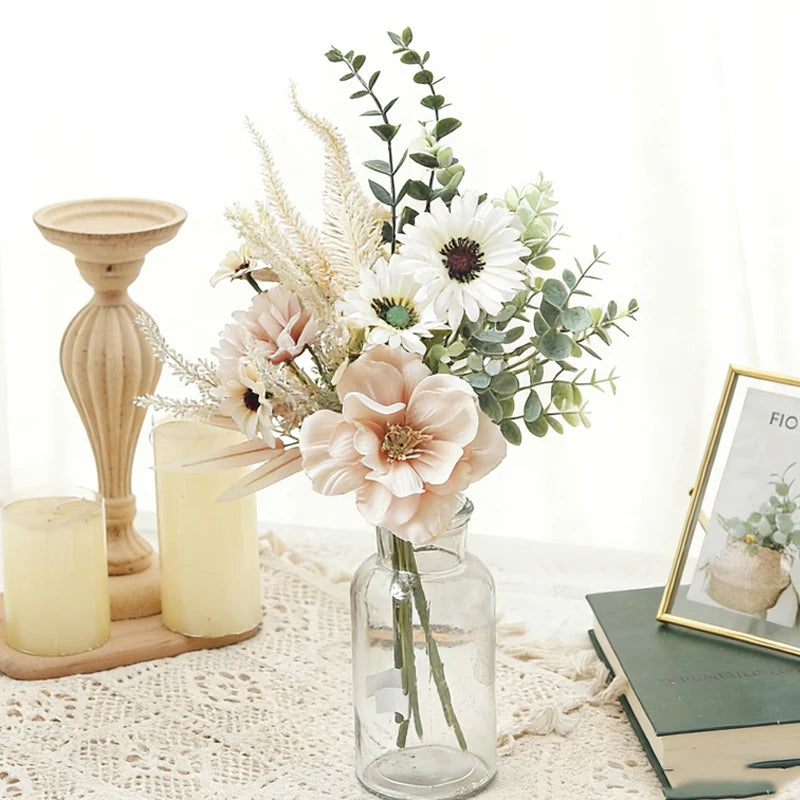 Artificial Silk Peony Poppy Daisy Eucalyptus Bouquet – Home Décor Artificial Flower Bouquet Babs