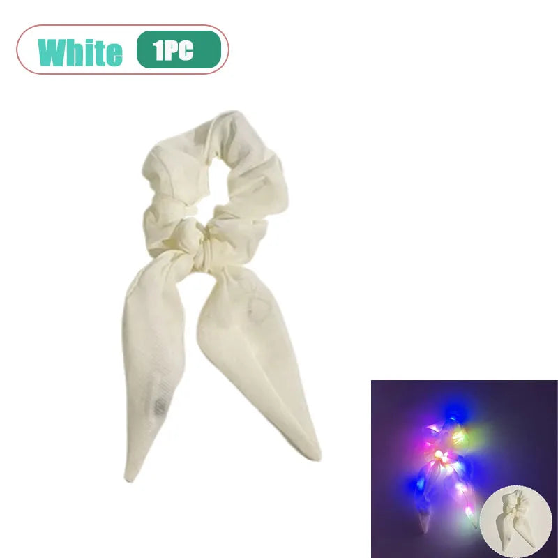 LED Light-Up Bow Scrunchie Glowing Hair Tie | Party Festival LED Hair Accessory Babs White-1pc