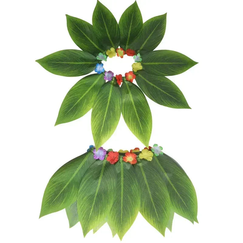 Hawaiian Hula Leaf Skirt with Flower Leis – Luau Costume Costume Skirt Babs