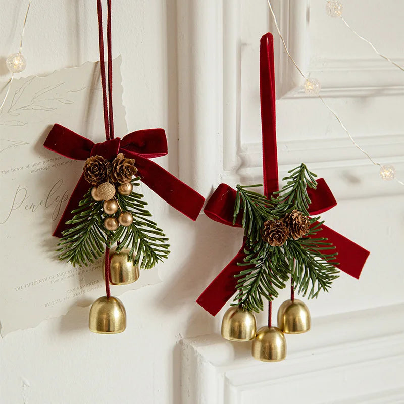 Christmas Jingle Bell Hanger – Velvet Bow & Pine Cone Décor Christmas Door Hanger Babs