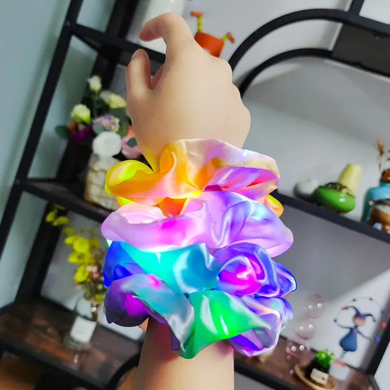 20pcs LED Glow Satin Hair Scrunchies – Light-Up Party Set LED Hair Scrunchies Babs
