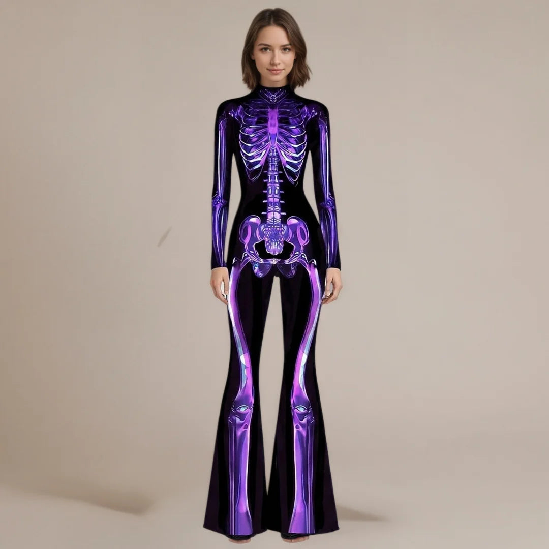 Women's Rainbow Skeleton Flared Catsuit Halloween Jumpsuit Halloween Costume Babs