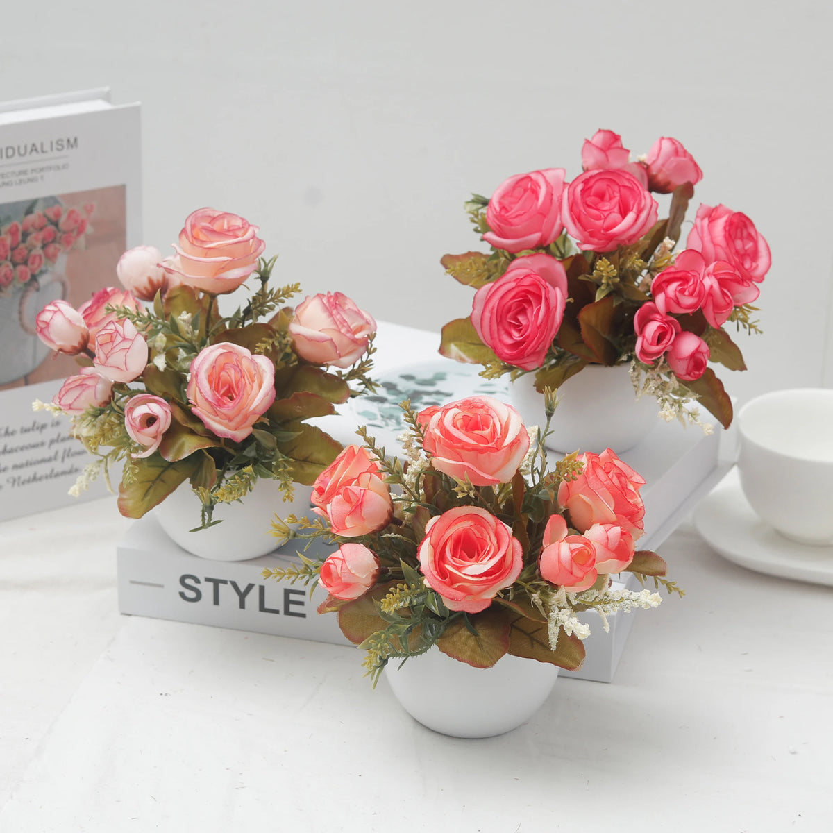 Artificial Silk Rose Bonsai Pot | Autumn Flower Vase Home Decor Artificial Flower Decor Babs
