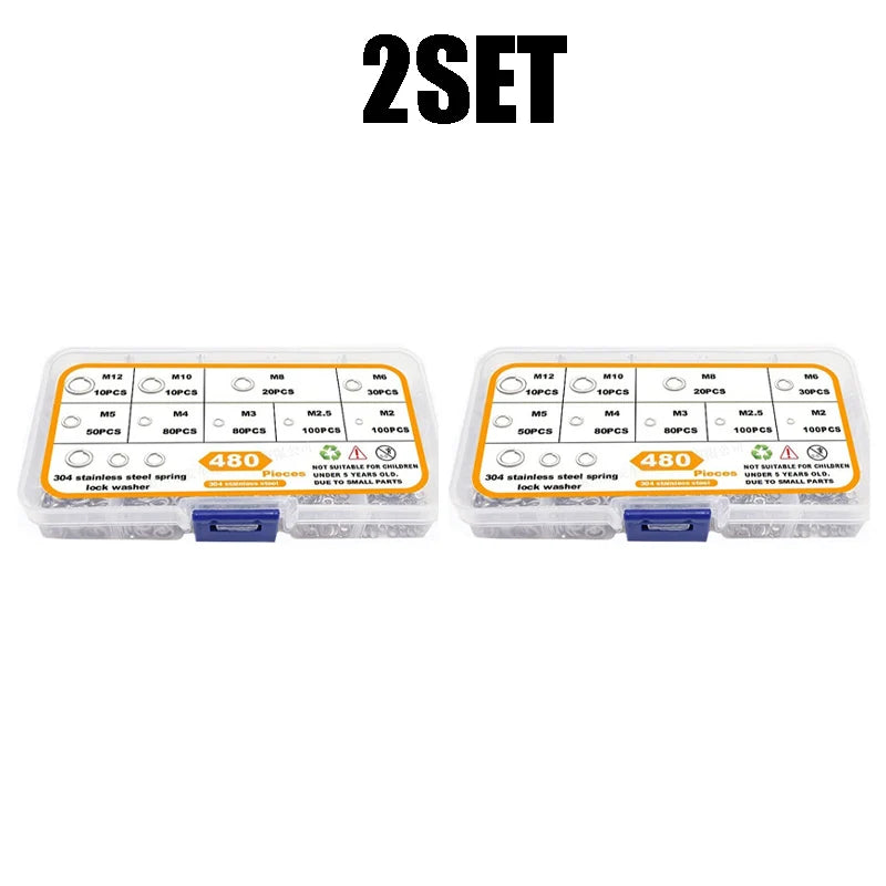 480Pcs 304 Stainless Steel Lock Washers M2–M12 Spring Washer Kit Lock Washer Set Babs 480PCS-2set