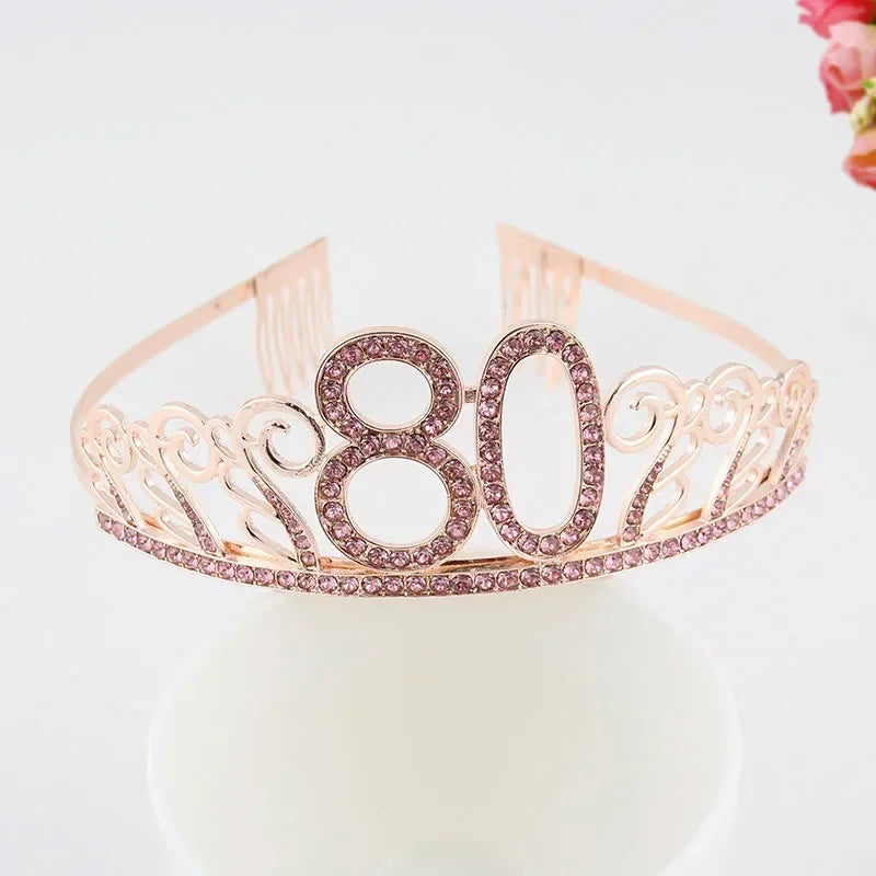 Rose Gold Satin Sash & Crystal Crown Tiara Set – Birthday Party Party Sash & Tiara Set Babs crown 80
