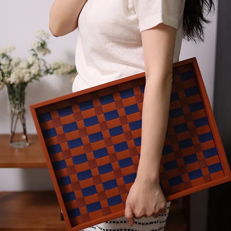 Checkerboard PU Leather Storage Tray | Desktop Organizer Decorative Storage Tray Babs