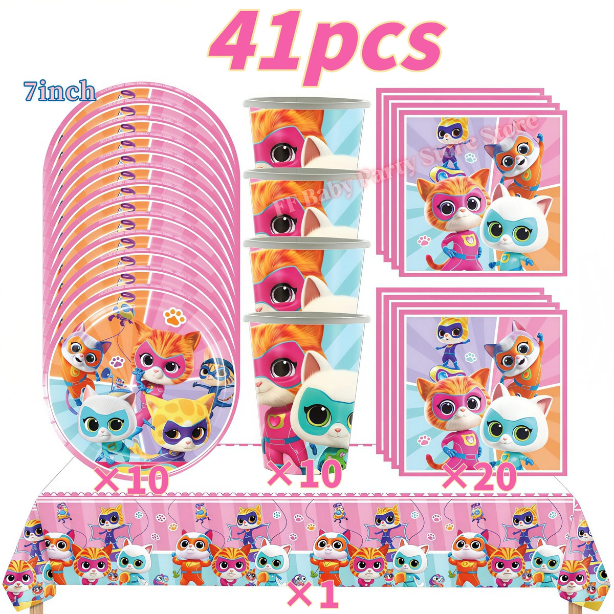 Cat Kitty Birthday Party Supplies – Plates, Cups & Balloons Set Party Supply Kit Babs 41pcs
