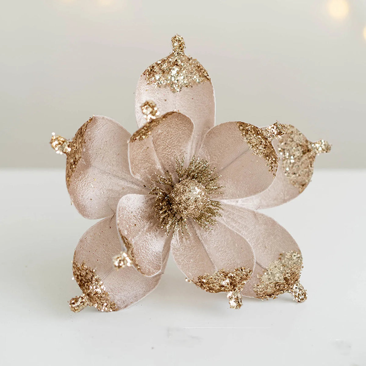20cm Pink Glitter Magnolia Christmas Flower Pick | Xmas Tree Decor Christmas Flower Pick Babs Champagne One Size